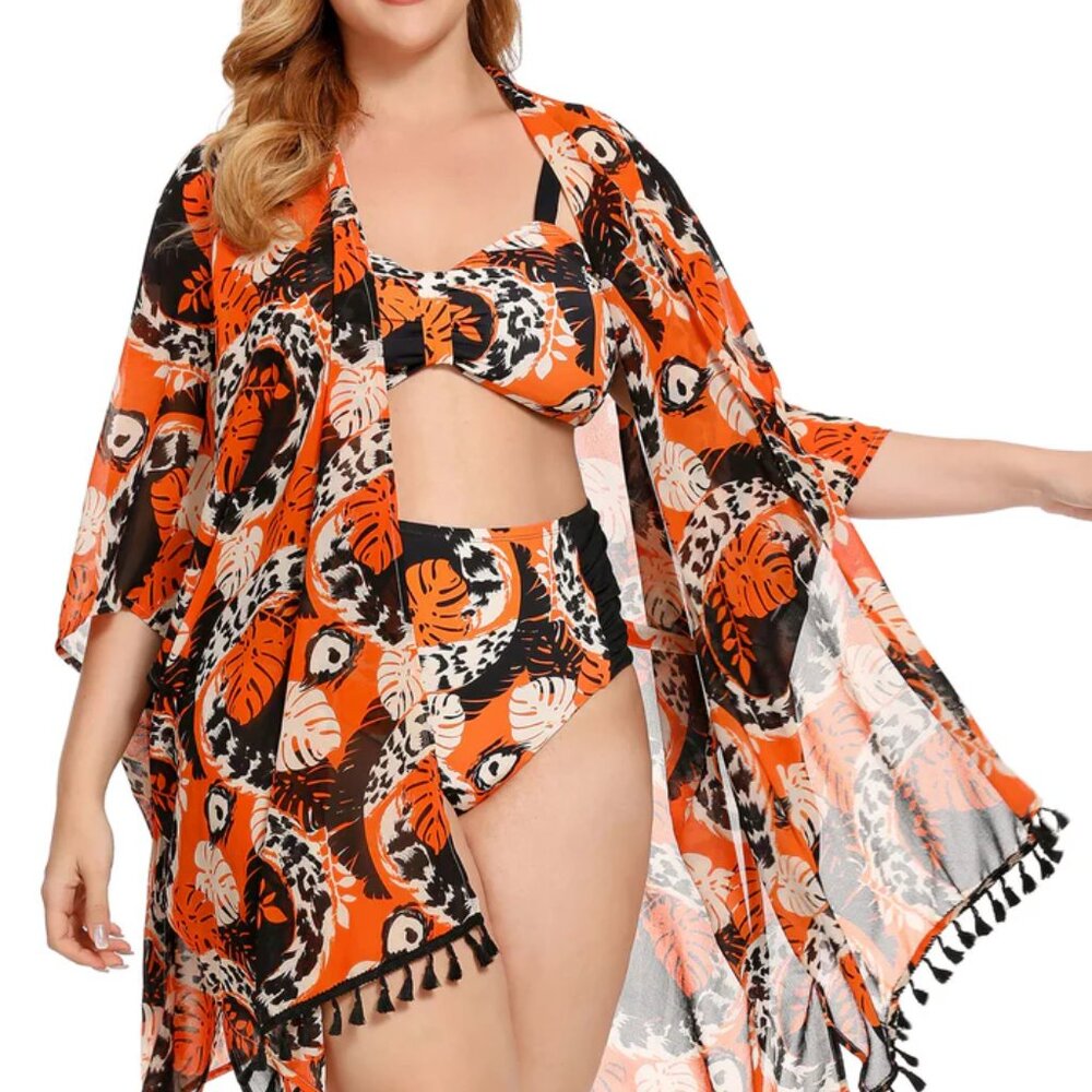 AS ROSE RICH BLACK & ORANGE TASSEL TRIMMED OPEN FRONT SWIM COVER UP SIZE XL NWT